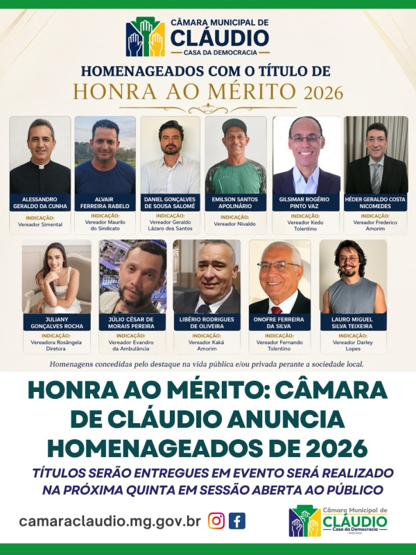 Câmara de Cláudio realizará sessão solene para entrega de Títulos de Honra ao Mérito