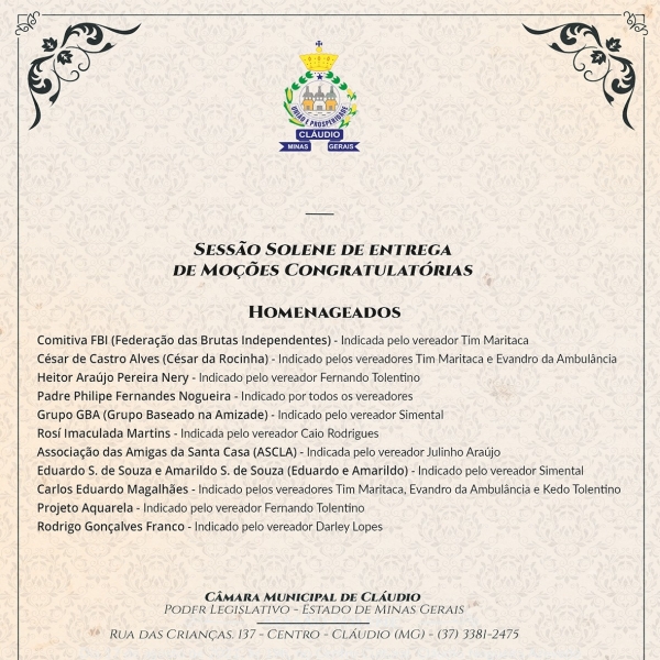 Confira na íntegra a biografia dos homenageados da Sessão Solene de entrega das Moções Congratulatórias do primeiro semestre