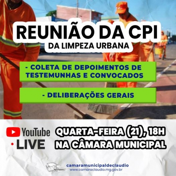 A Comissão Parlamentar de Inquérito (CPI), nomeada para apurar e investigar a limpeza urbana, realiza nesta quarta-feira, às 18h, no plenário da Câmara Municipal, sua segunda reunião.