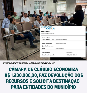 Câmara de Cláudio economiza R$ 1.200.000,00, faz devolução de recursos e solicita destinação para entidades do município