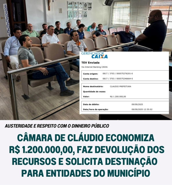 Câmara de Cláudio economiza R$ 1.200.000,00, faz devolução de recursos e solicita destinação para entidades do município