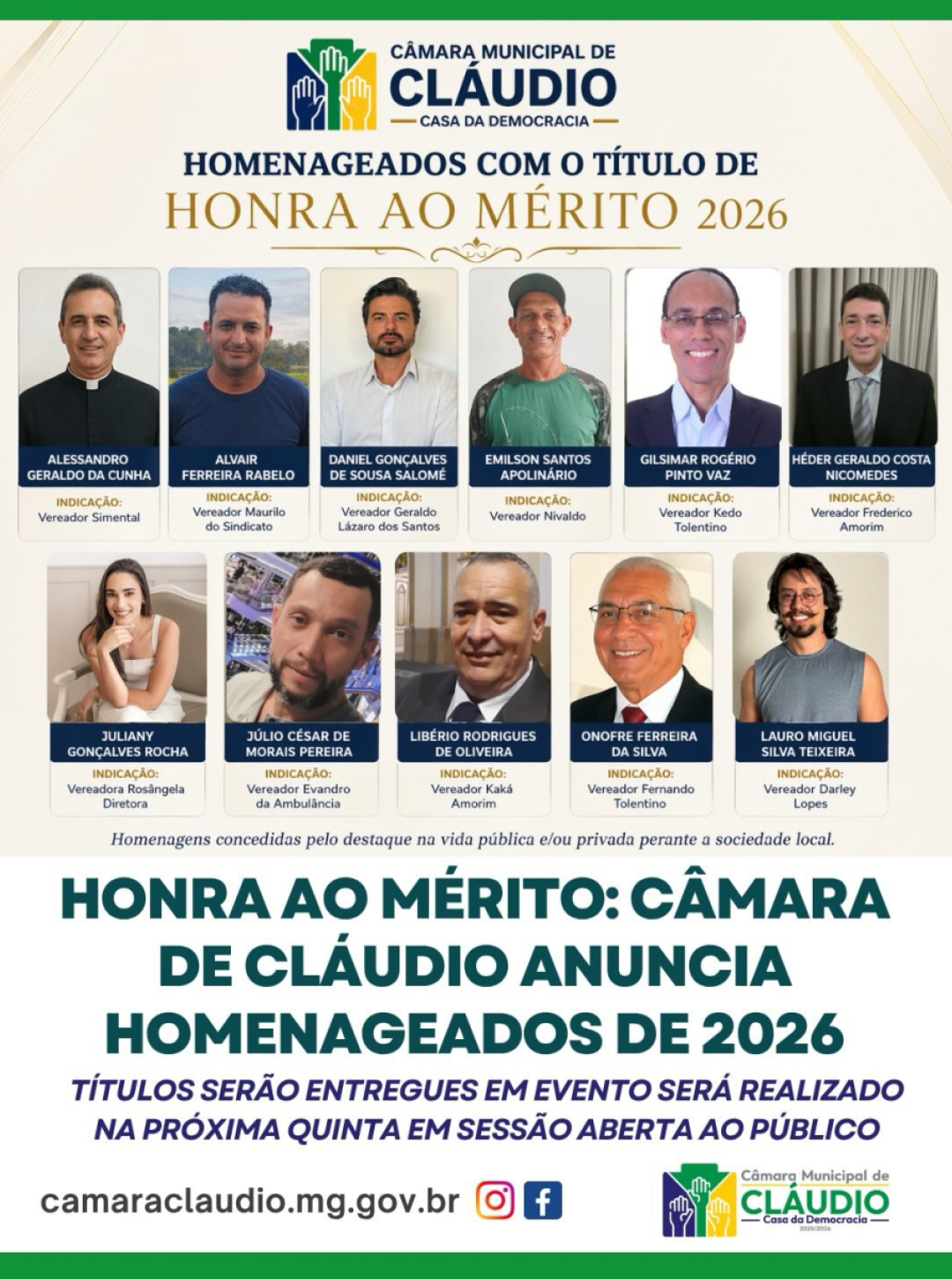 Câmara de Cláudio realizará sessão solene para entrega de Títulos de Honra ao Mérito